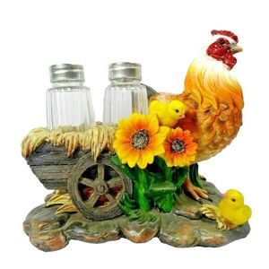 Chicken and Sunflowers Salt and Pepper Shaker Base Holder Glass Stoneware NEW